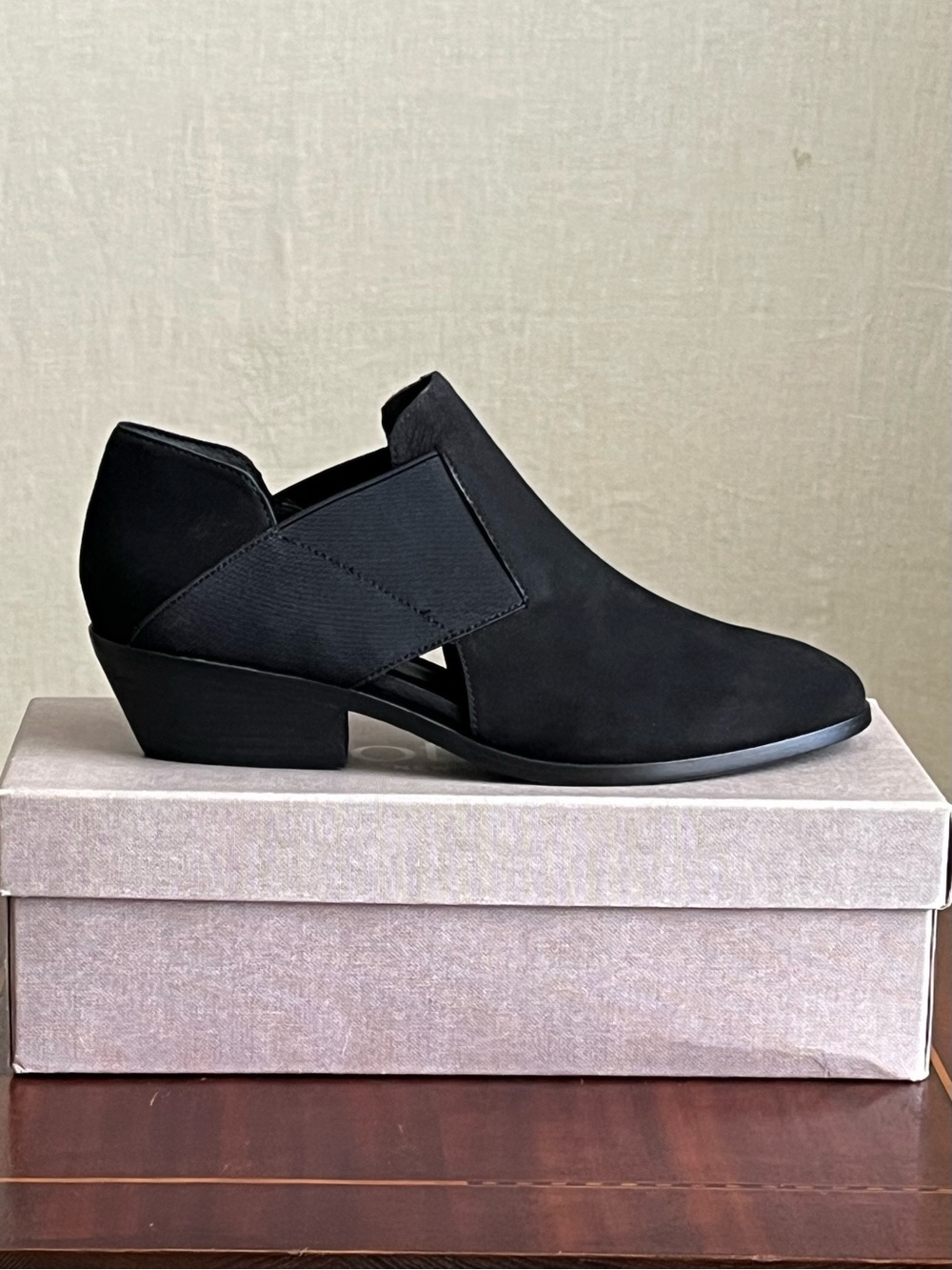 Eileen Fisher -  Suede Leather Slip-On Ankle Bootie with Elastic, Low Heel - 8.5